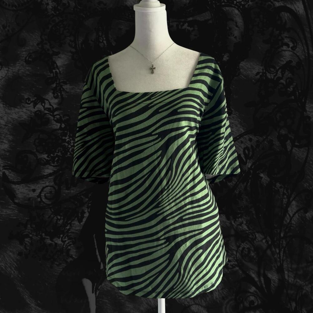 unique square neck tumblr y2k core zebra striped green and black glam top